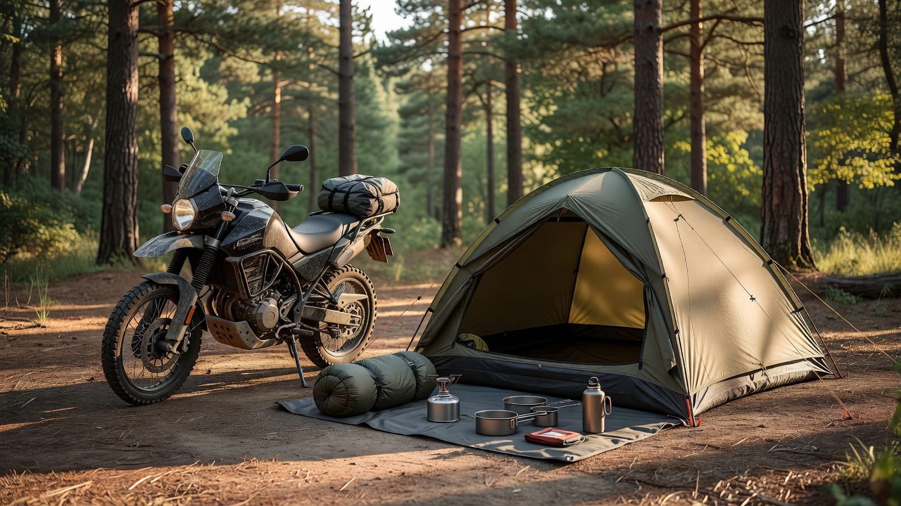 Reference photograph of a small touring tent and organized camping gear beside a parked motorcycle
