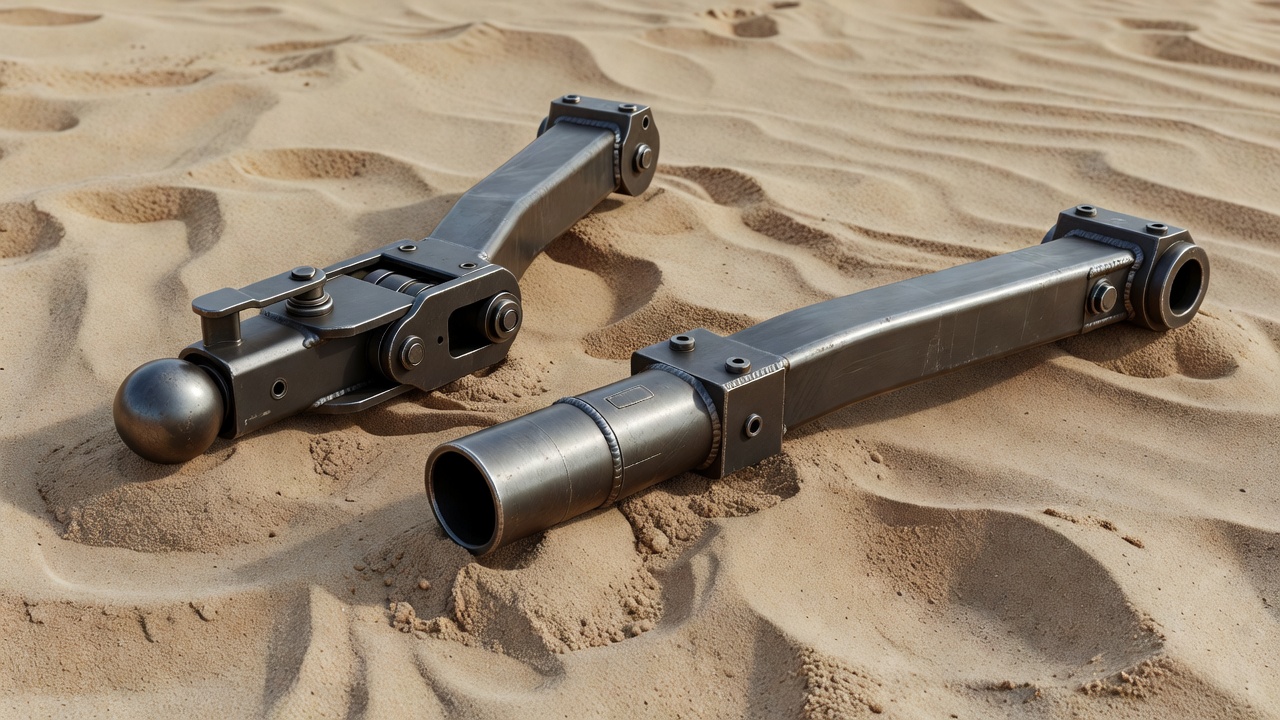 Soft-lit conceptual trailer coupling and drawbar shown apart on a sand background for inspection